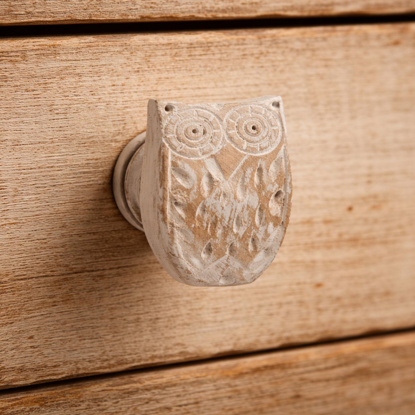 Carved White Wood Owl Drawer Pulls | Set of 2