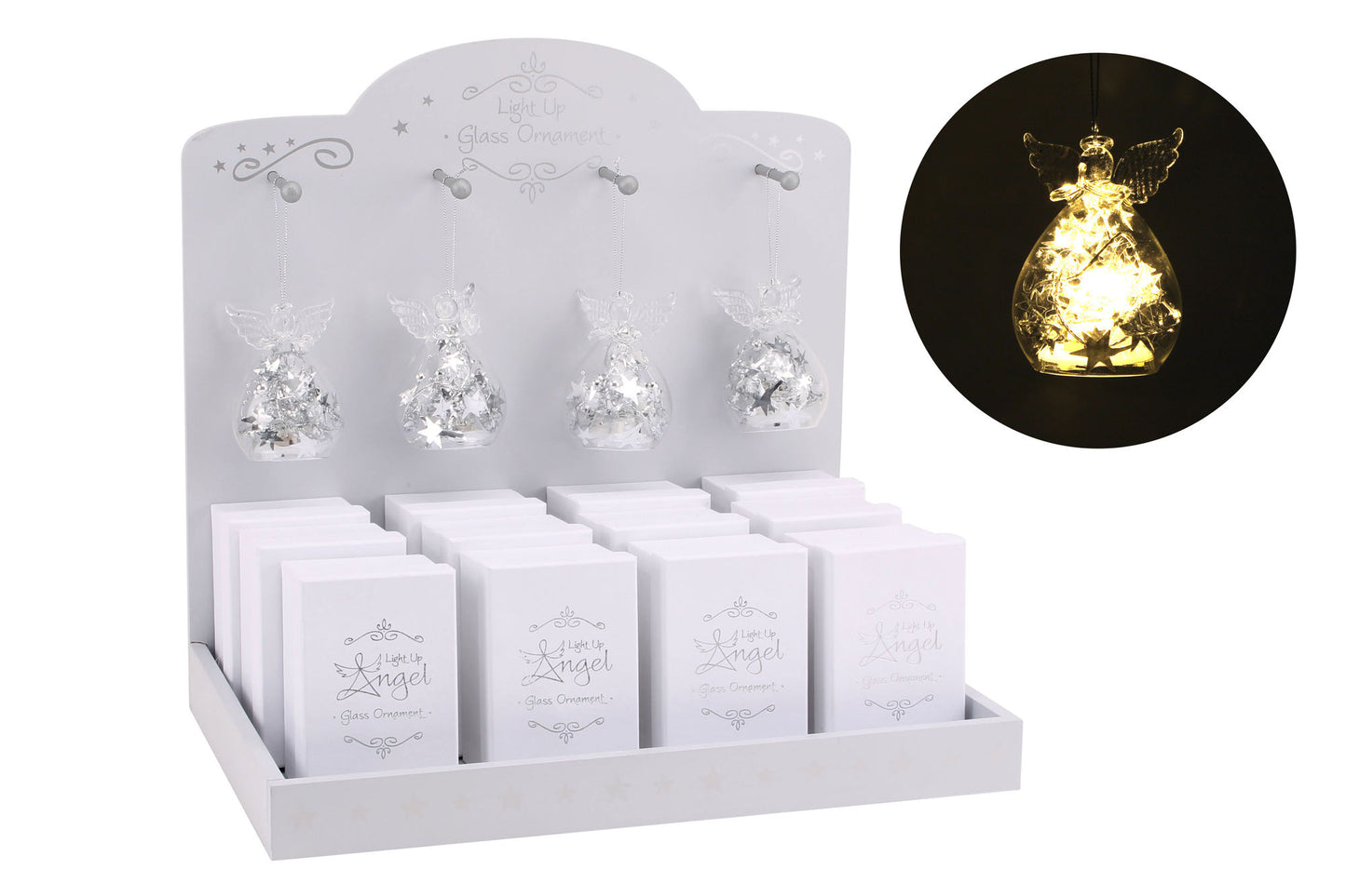 Glass Light Up Silver Angels Hanging Decoration
