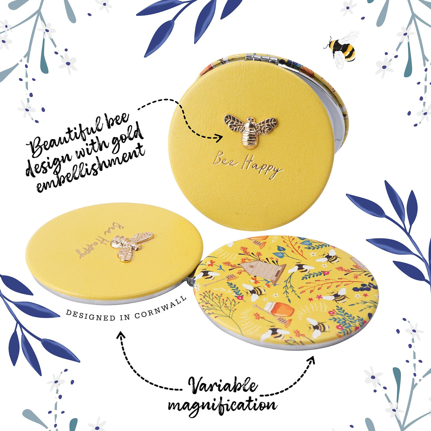 Yellow Bee-Happy Bee Embellished Compact Mirror • Perfect Gift • Gift Boxed • Travel Friendly • Handbag Accessory • Ladies Gift • Vacation