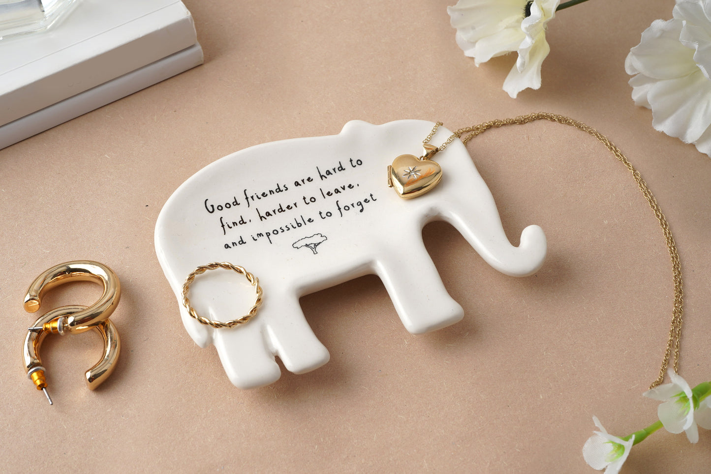 Ceramic Elephant Shaped Jewellery Ring Dish | 'Good Friends are hard to find...' | Organiser | Necklaces, Rings, Earrings | Gift Boxed