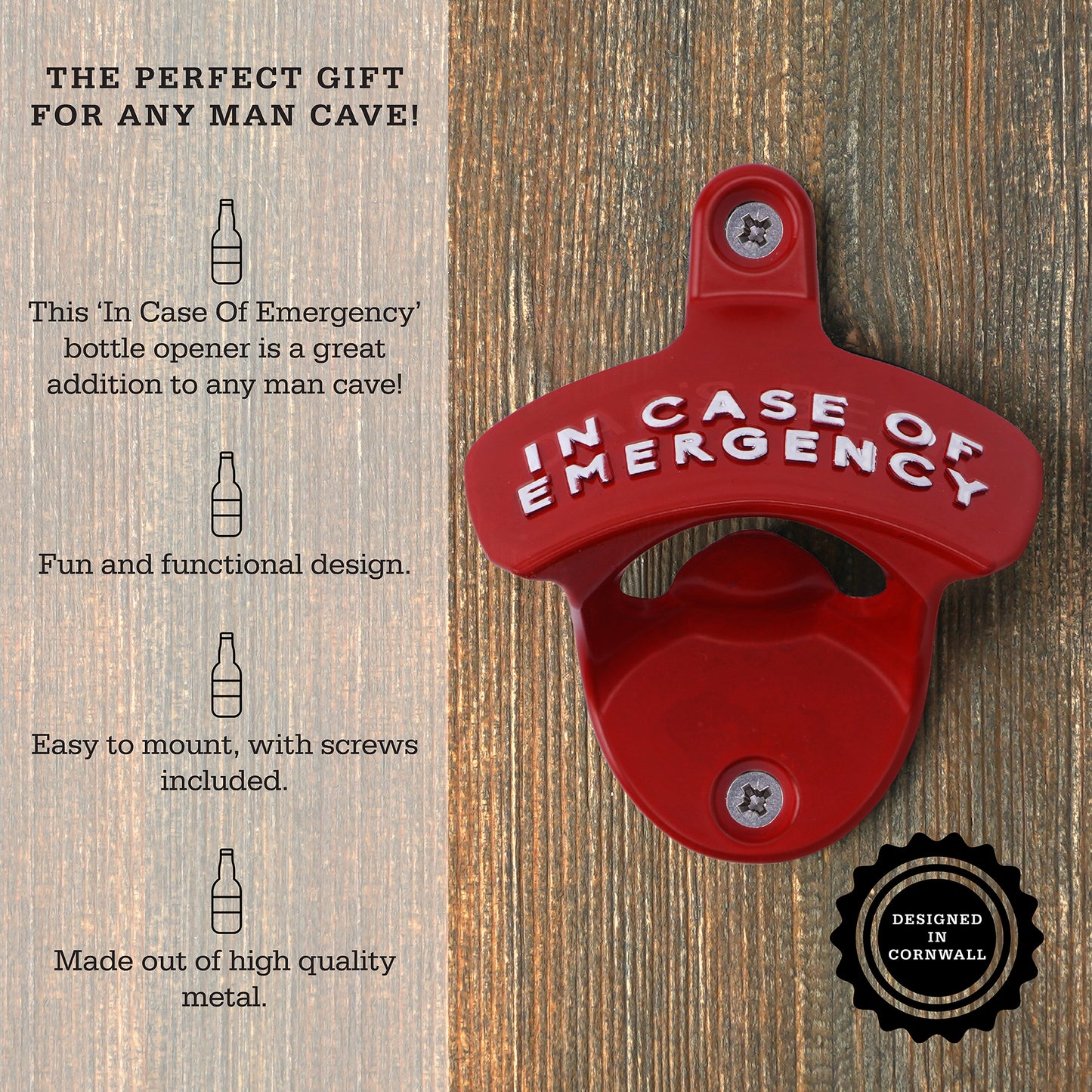 Red 'In Case of Emergency' Bottle Opener - Novelty Wall Mounted Beer Bottle Opener | Kitchen Accessory