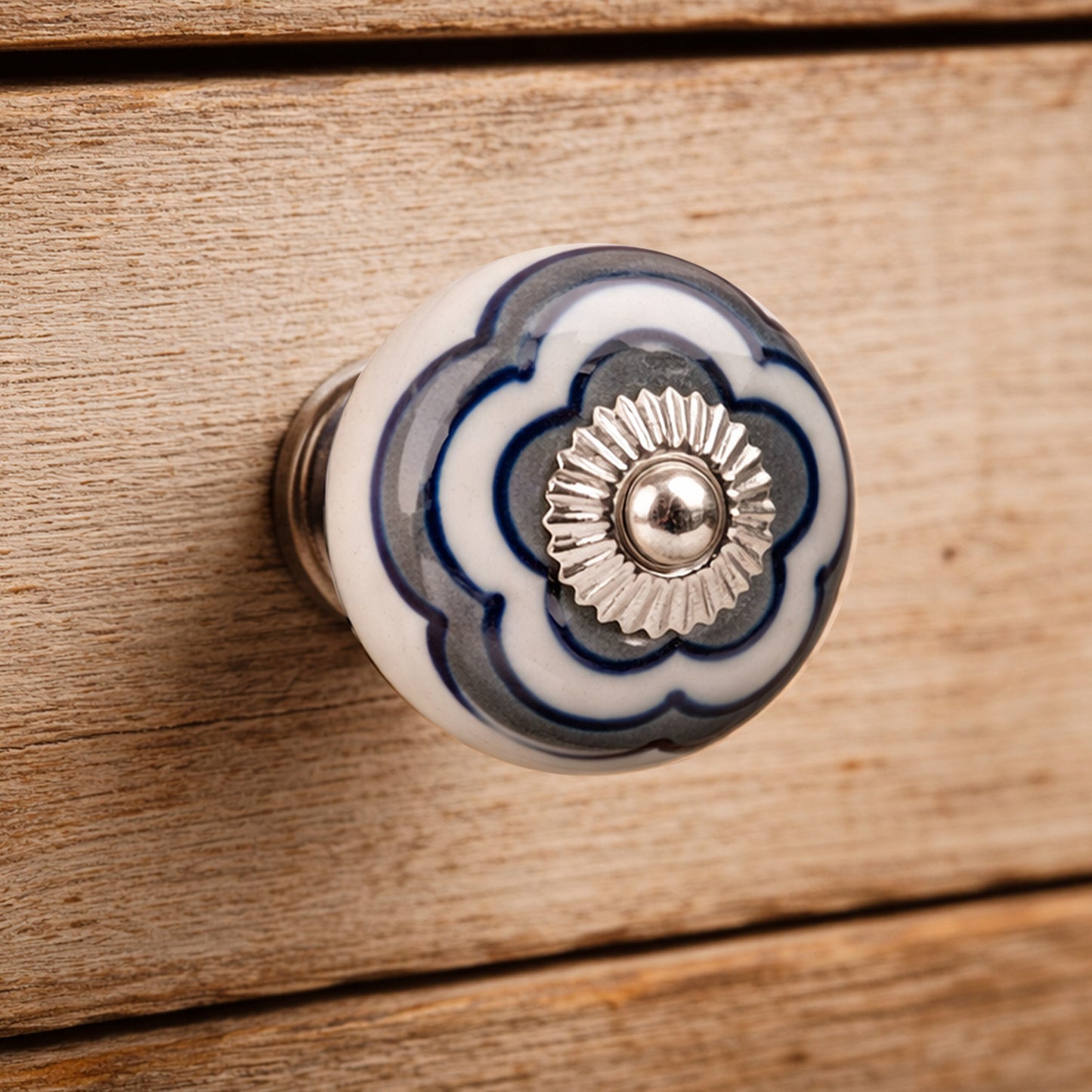 Set of 2 • Grey and Blue Flower Ceramic Drawer Pulls • Upcycled Home Decor