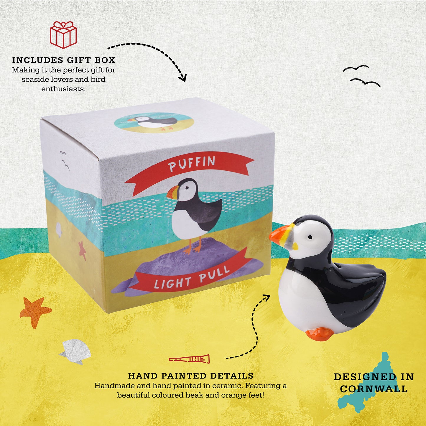 Puffin Ceramic Light Pull Handle | In Gift Box | Decorative Bathroom Cord Pull | Unique Nautical Theme Lighting Accessory | Home Improvments