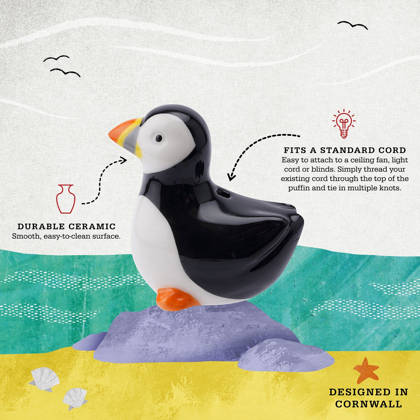 Puffin Ceramic Light Pull Handle | In Gift Box | Decorative Bathroom Cord Pull | Unique Nautical Theme Lighting Accessory | Home Improvments