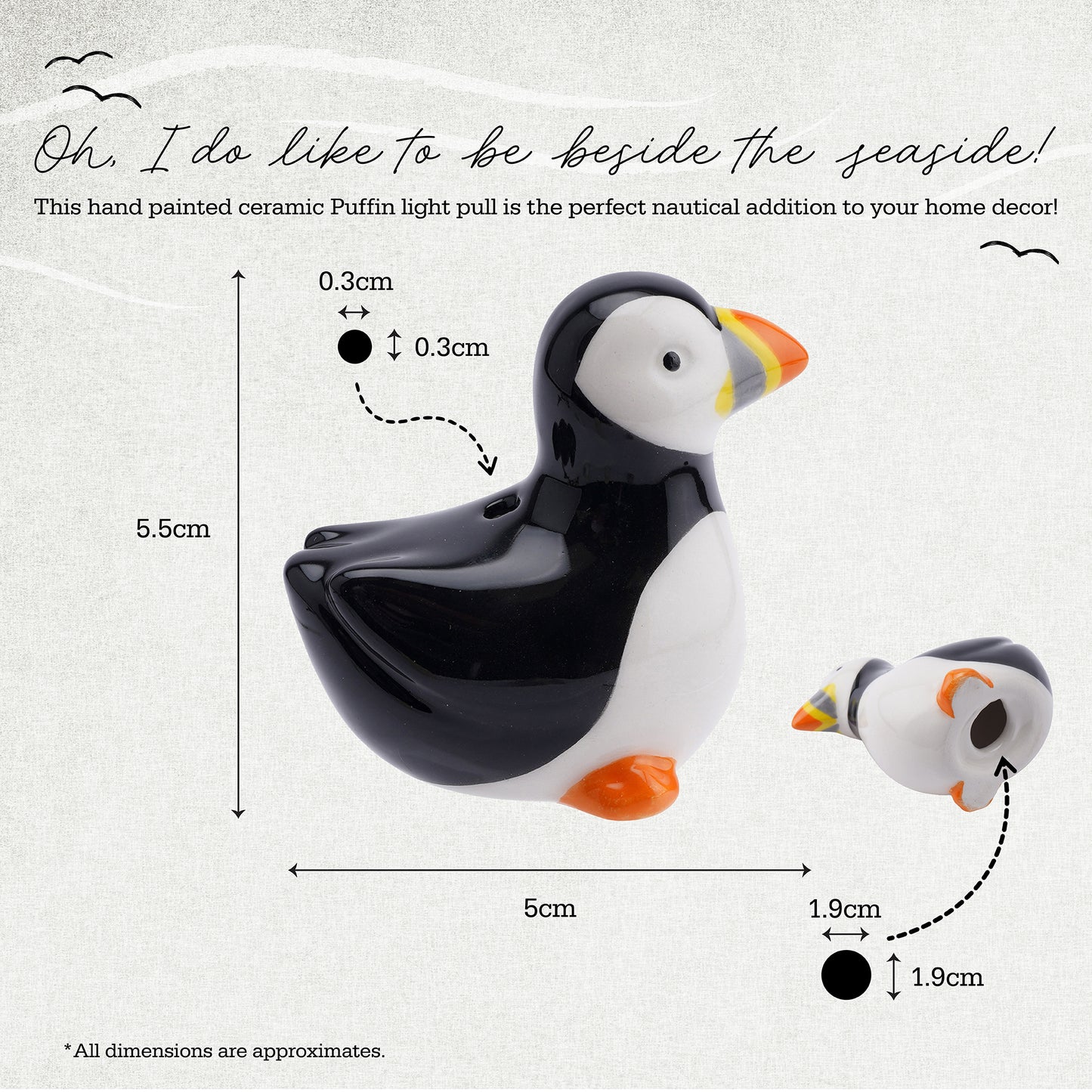 Puffin Ceramic Light Pull Handle | In Gift Box | Decorative Bathroom Cord Pull | Unique Nautical Theme Lighting Accessory | Home Improvments