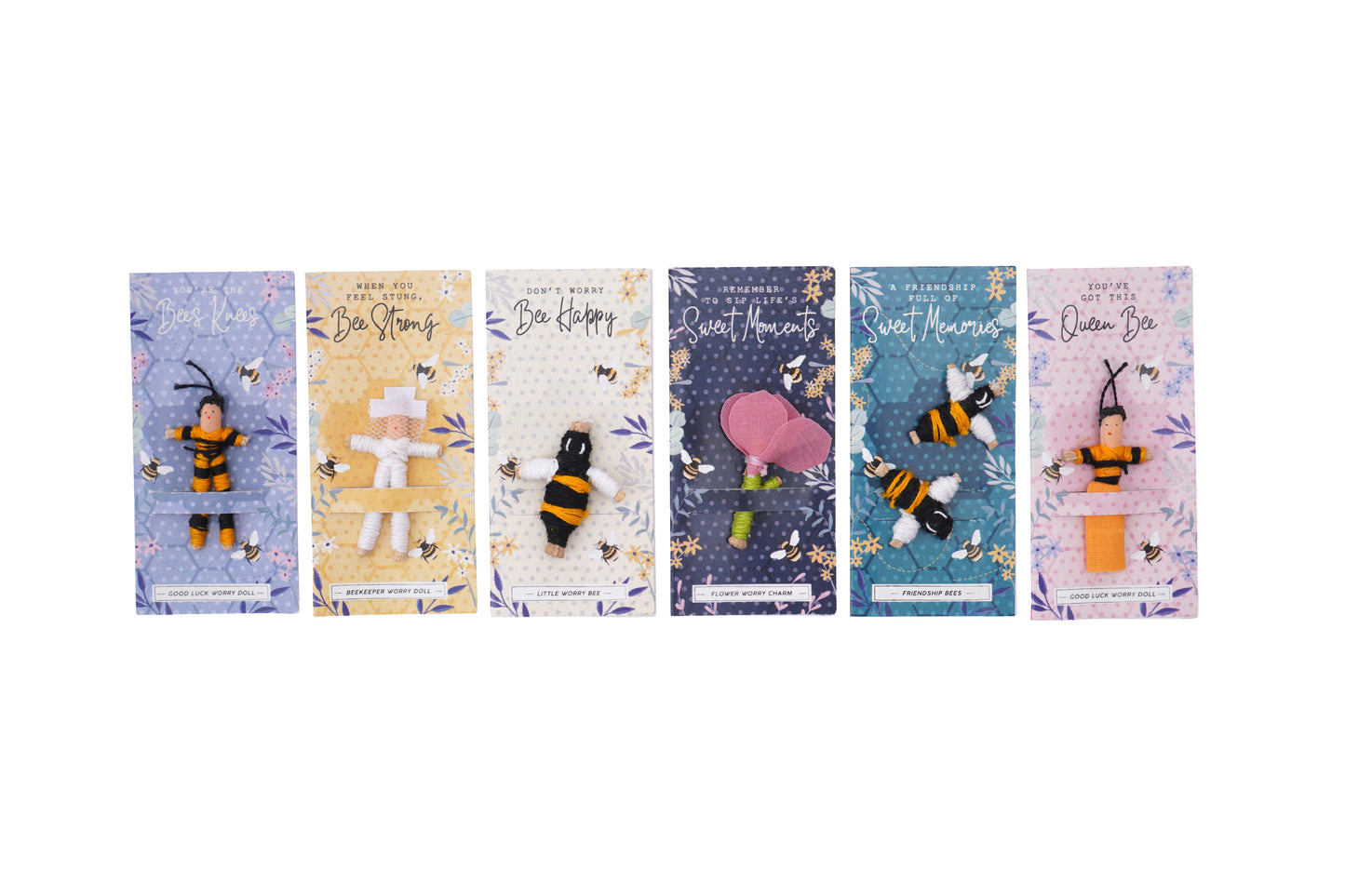Set of 6 Bee Themed Fabric Worry Dolls on Gift Card | Motivational Charms | Gift For All