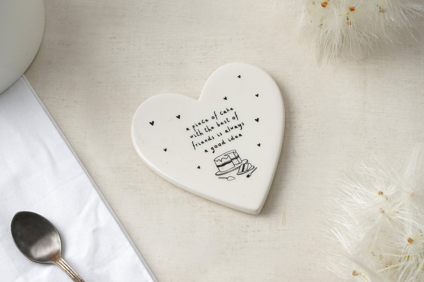 Cake 'A piece of cake with the best of friends...' Ceramic Coaster | White Black | Coffee Table Accessory | Tea Coffee Wine | Gift For Home