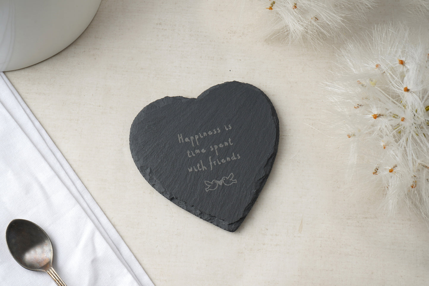 Heart Slate Coaster - 'Happiness Is Time Spent With Friends'