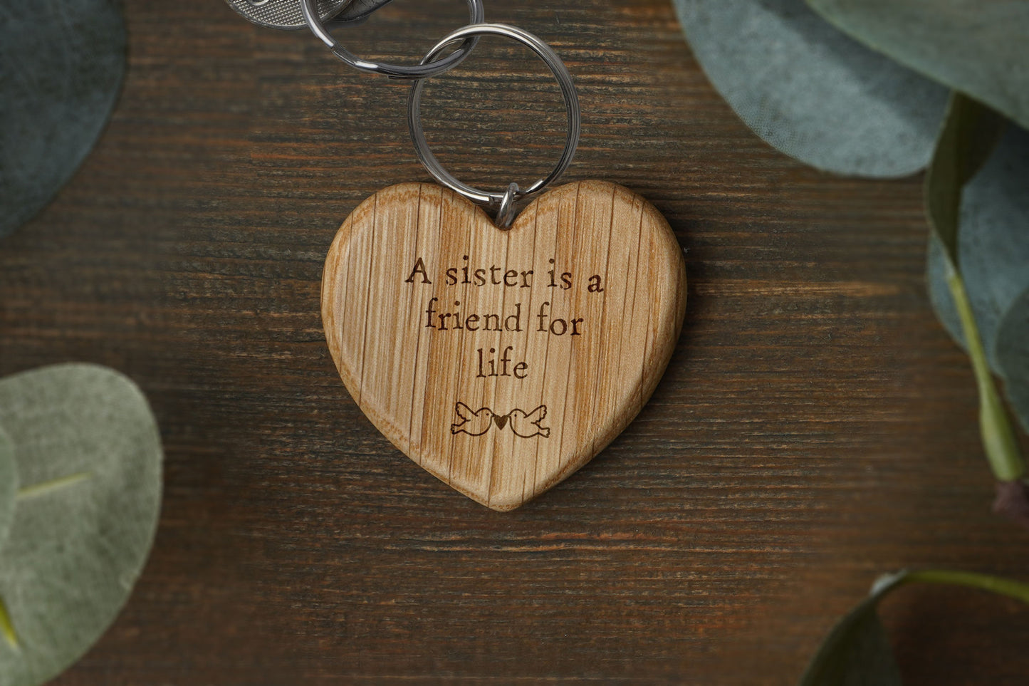 'A Sister Is A Friend For Life' Oak Heart Keyring
