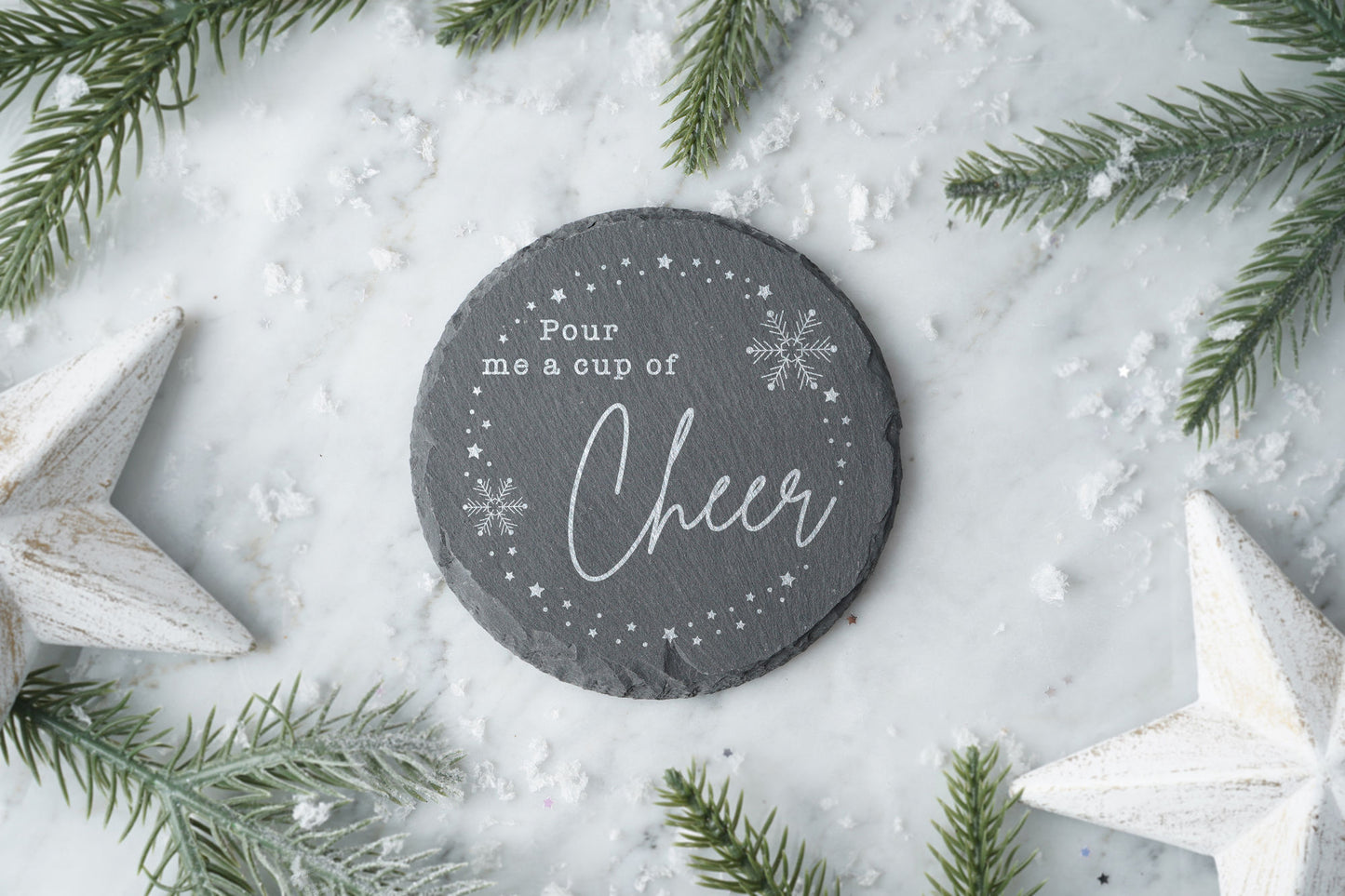 Round Slate Coaster - 'Pour Me A Cup Of Cheer' | Festive Coaster | Christmas | Home Decor
