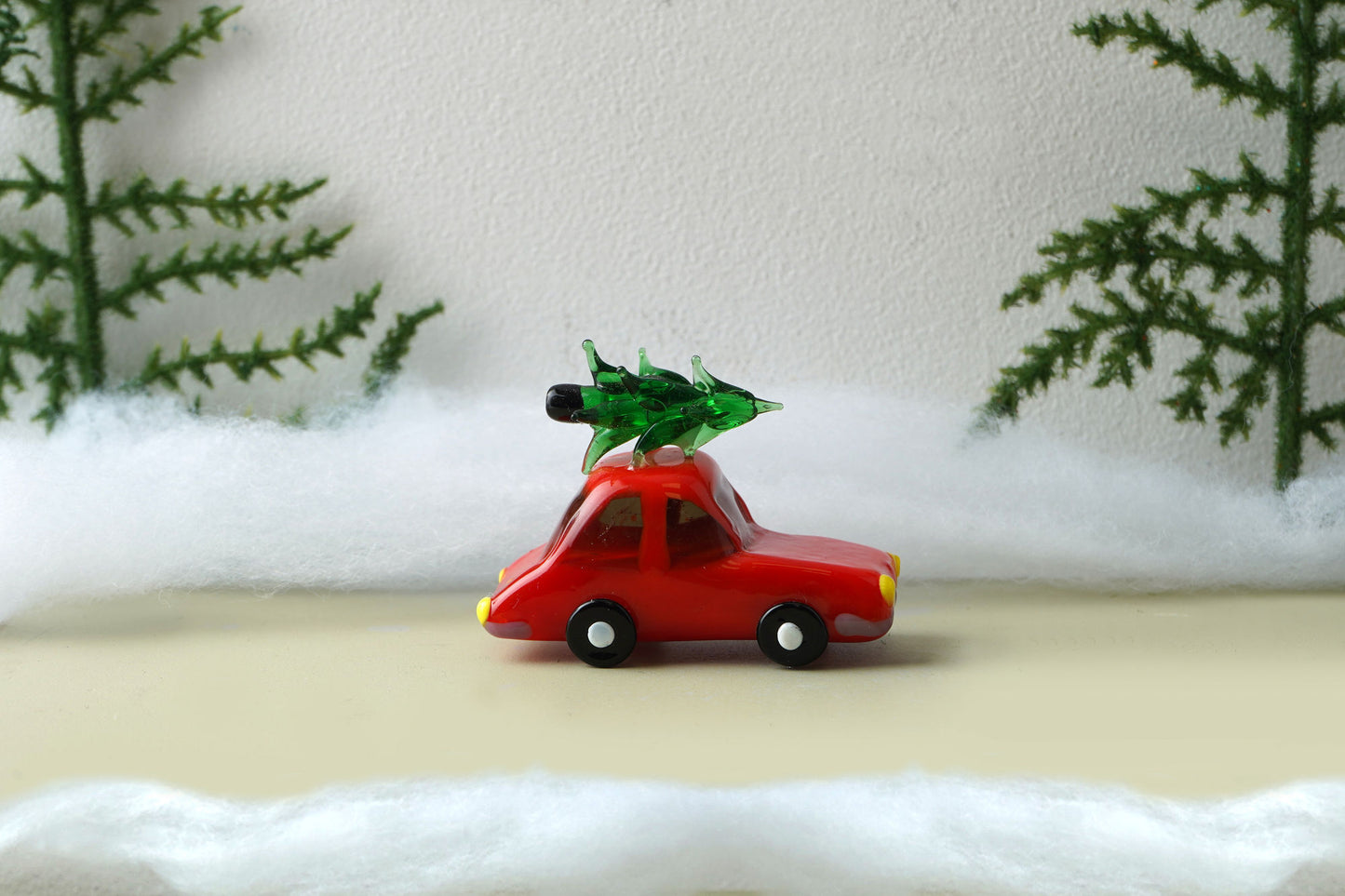 Artisan Glass Red Car With Tree In Gift Box | Ornament | Glass Figurine | Christmas Decoration | Festive Decoration
