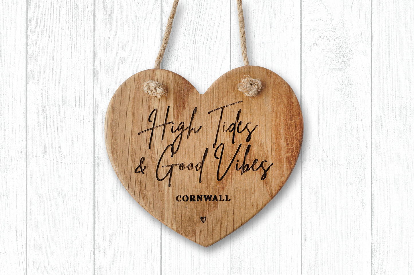 Cornish Gifts 'High Tides & Good Vibes' Oak Hanging Heart | Wall Sign | Perfect Gift | Home Decor