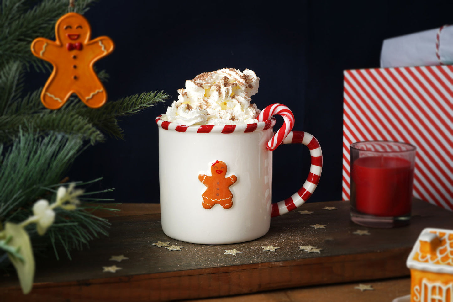 Christmas Gingerbread Man Stoneware Festive Mug With Candy Cane Handle | Includes Gift Box | Christmas Holiday Tableware