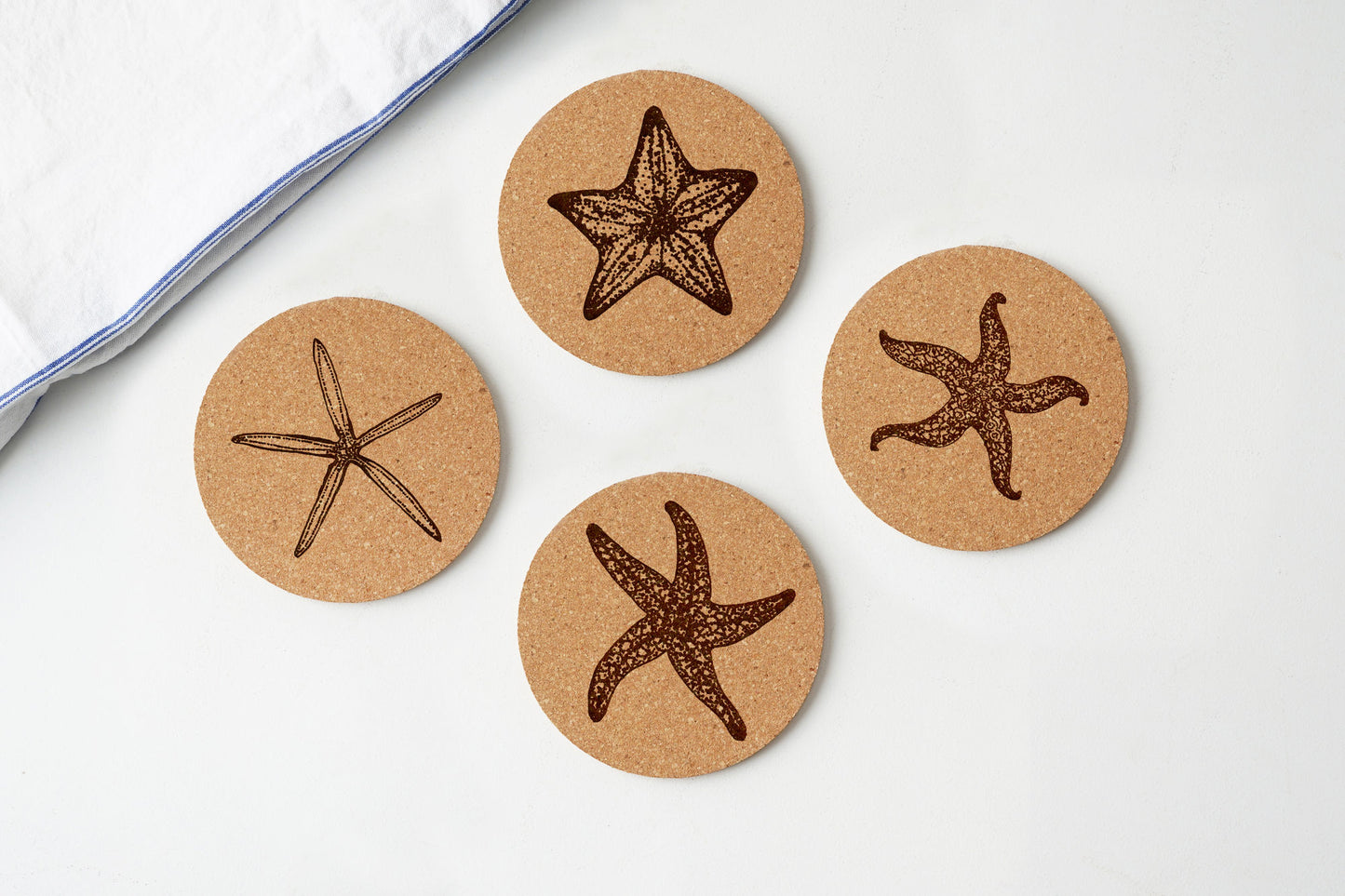 Set of 4 'Starfish' Assorted Round Cork Coasters | Homeware | Tableware