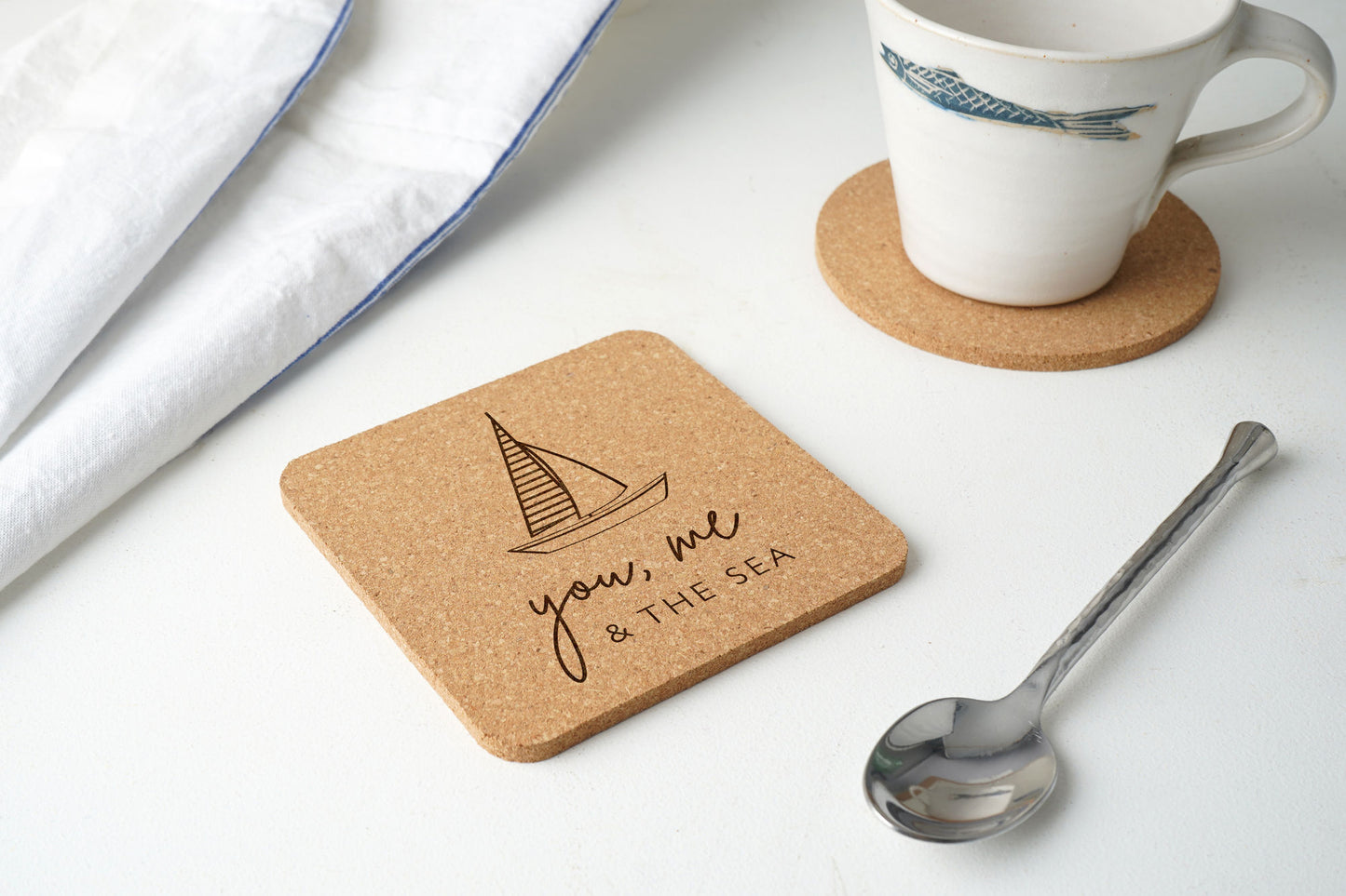 Set Of 4 'You, Me And The Sea' Square Cork Coaster | Homeware | Tableware