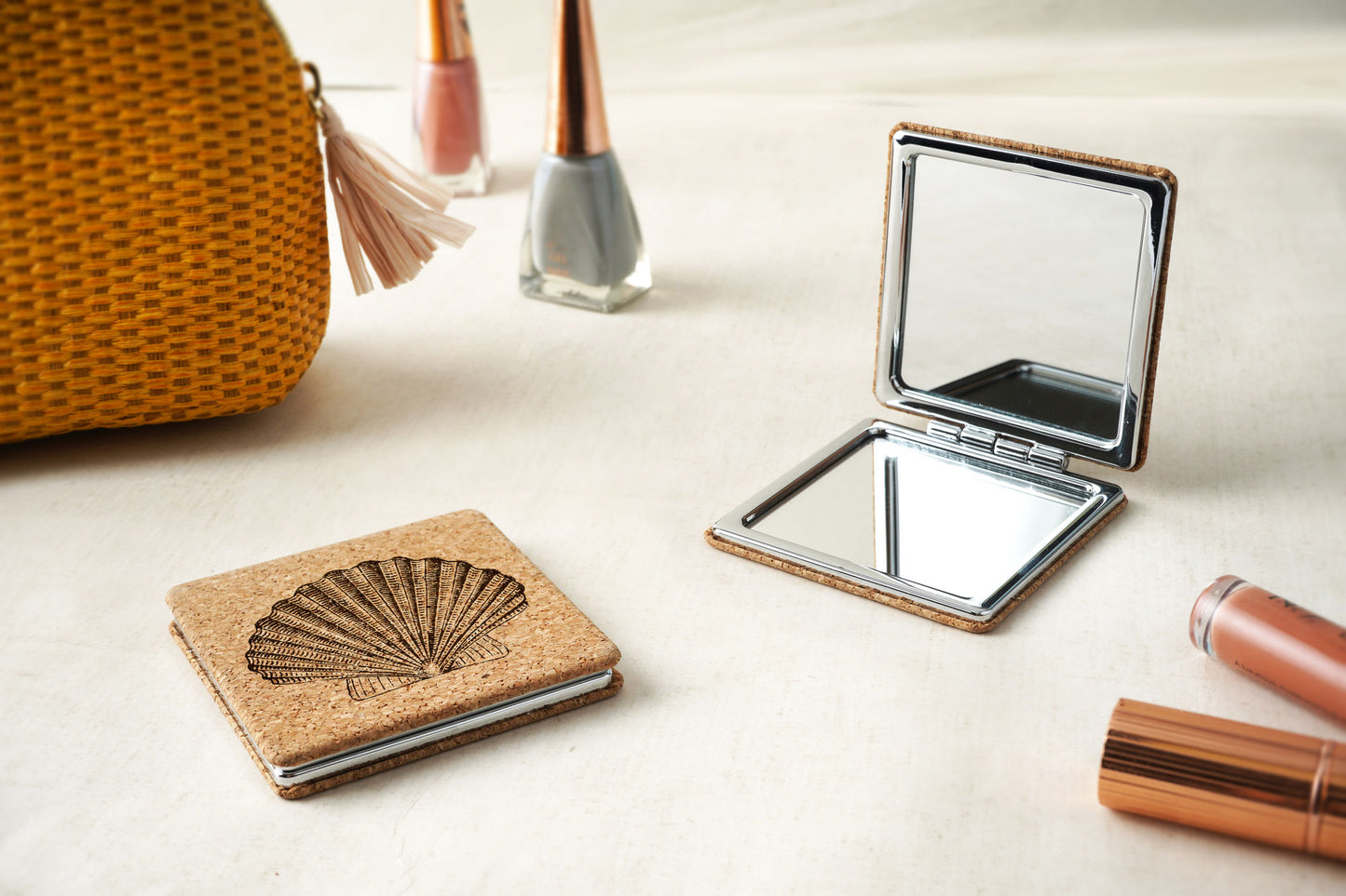Shell Cork Compact Mirror • Perfect Gift • Gift Boxed • Travel Friendly • Handbag Accessory • Ladies Gift • Vacation