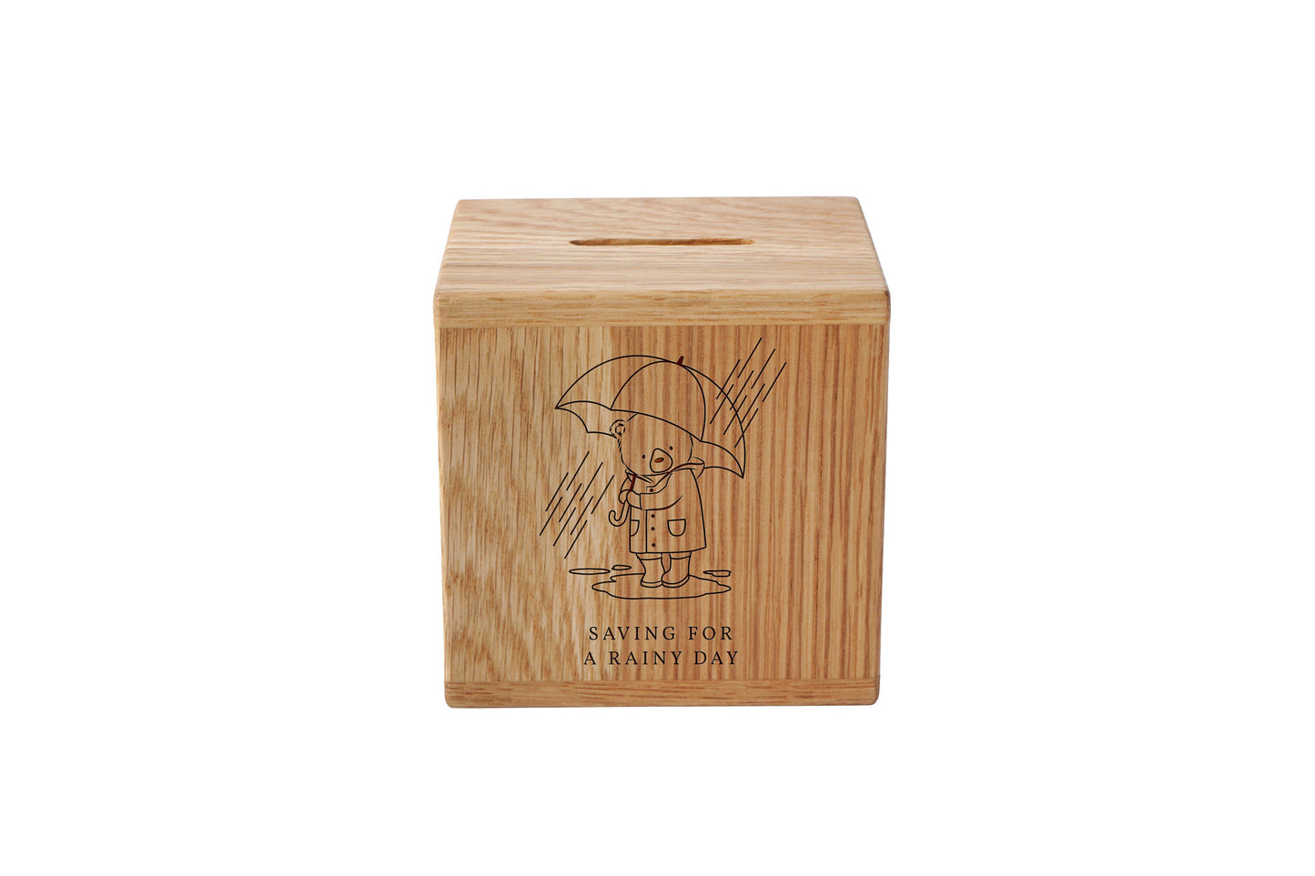 The Little Bear Co. 'Saving For A Rainy Day' Oak Money Box | Wooden Money Box | Saving | Piggy Bank