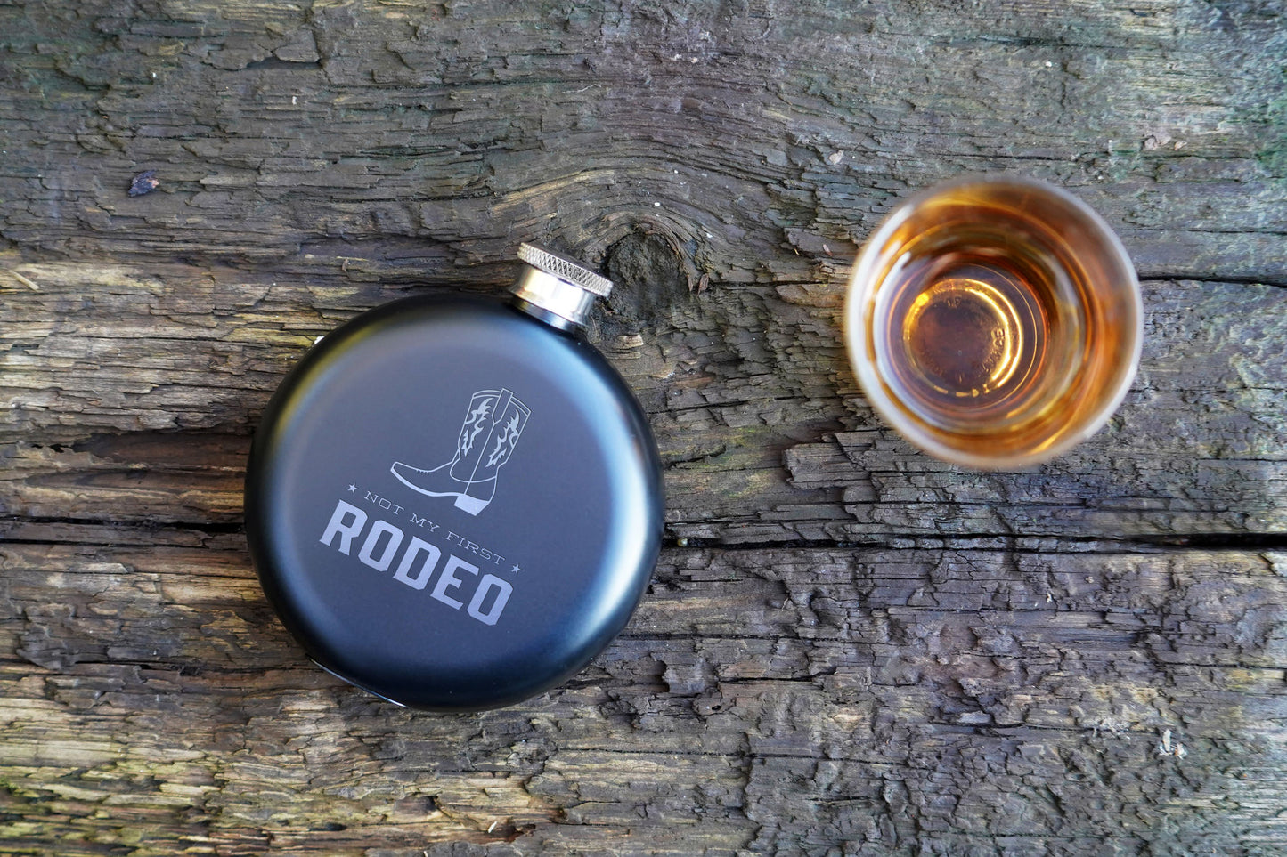 Matte Black 6 oz Hip Flask - Slogan 'Not My First Rodeo'
