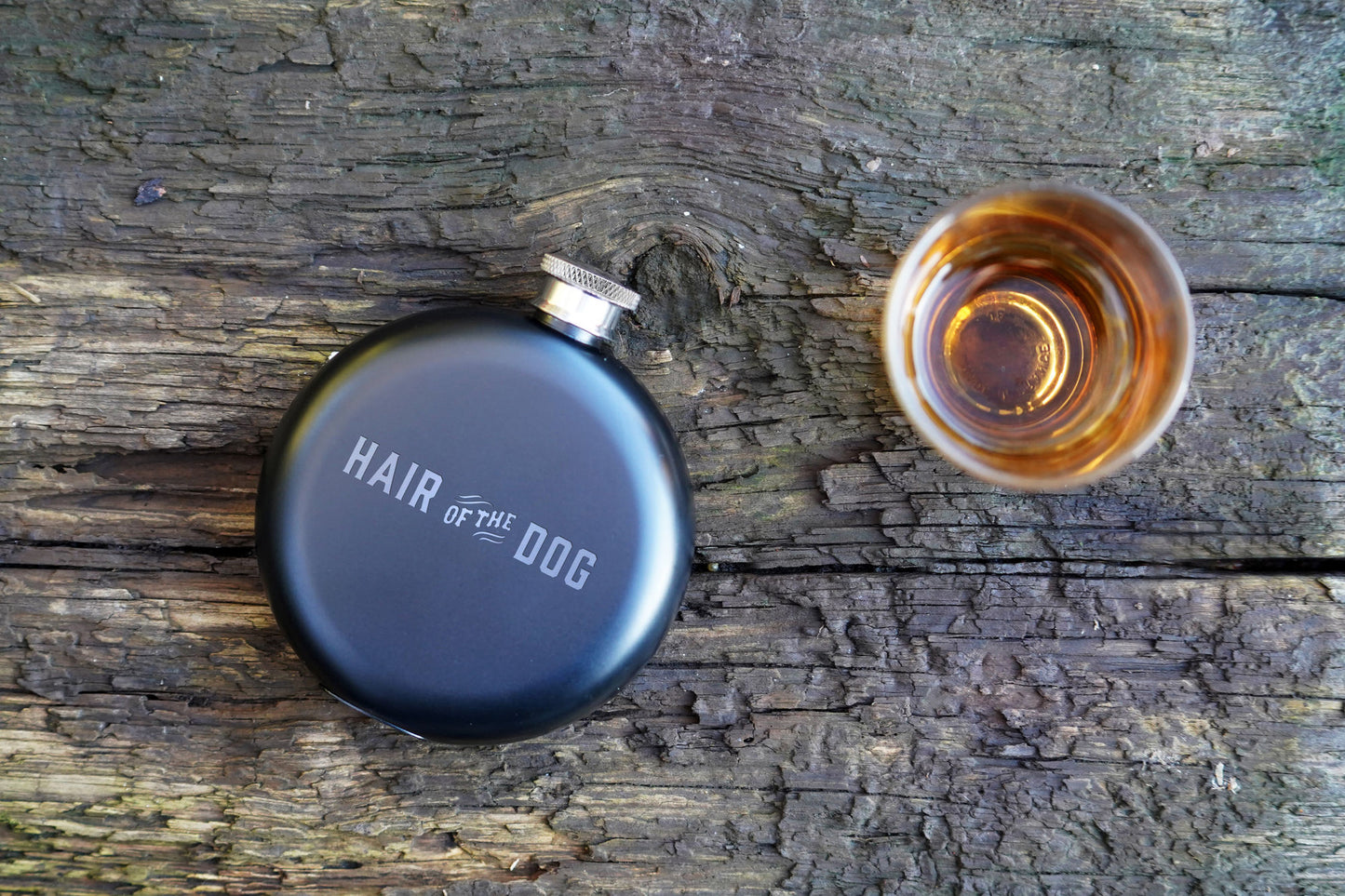 Matte Black 6 oz Hip Flask - Slogan 'Hair Of The Dog'