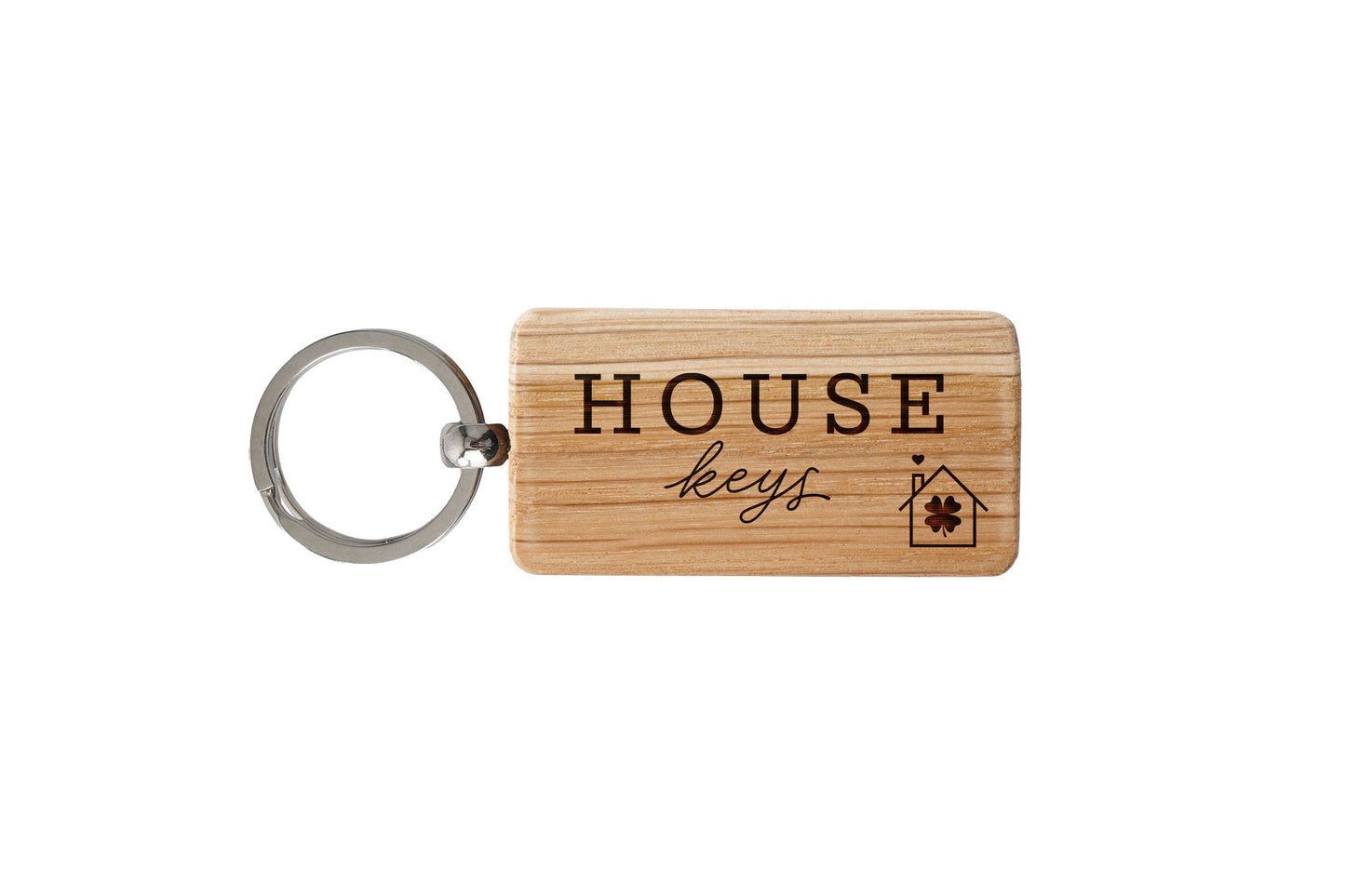 'House Keys' Four Leaf... Oak Rectangular Keyring