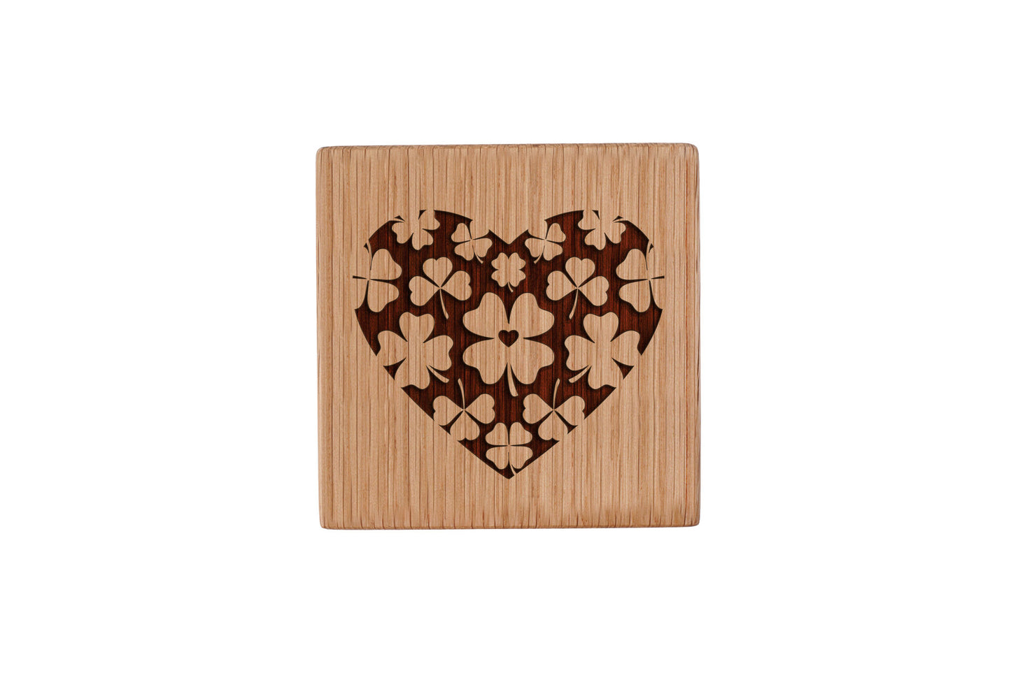 Heart Four Leaf Clover Square Oak Coaster
