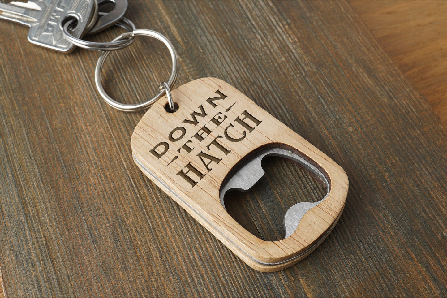Oak Bottle Opener Keyring 'Down The Hatch' | Birthday | Special Birthday | Keepsake