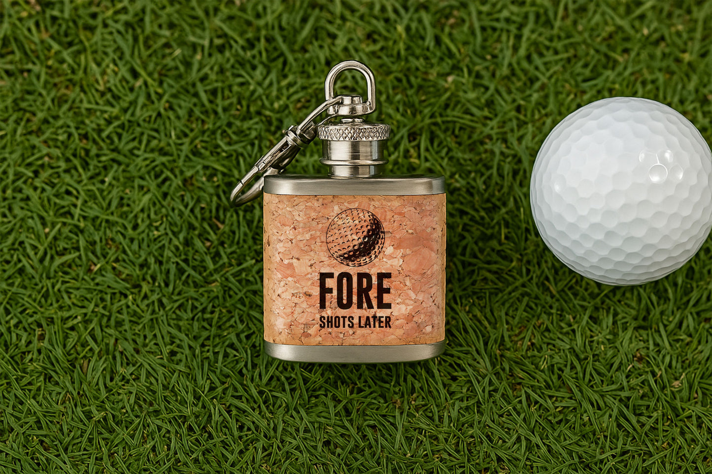 Mini Cork Hip Flask Keyring 'Fore Shots Later...' | Father's Day | Keepsake
