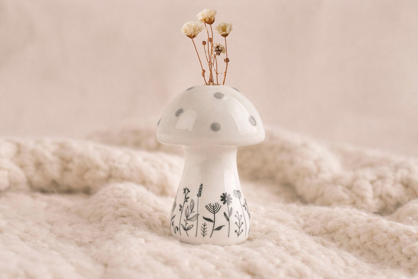 Mushroom Bud Vase | Black & White Floral Ceramic Vase