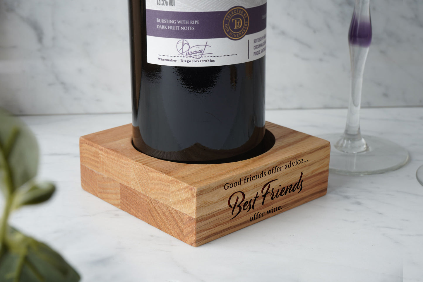 Oak Wine Bottle Holder - 'Best Friends Offer Wine' | Special Gift | Birthday | Oak | Wine Gift | Special Friends