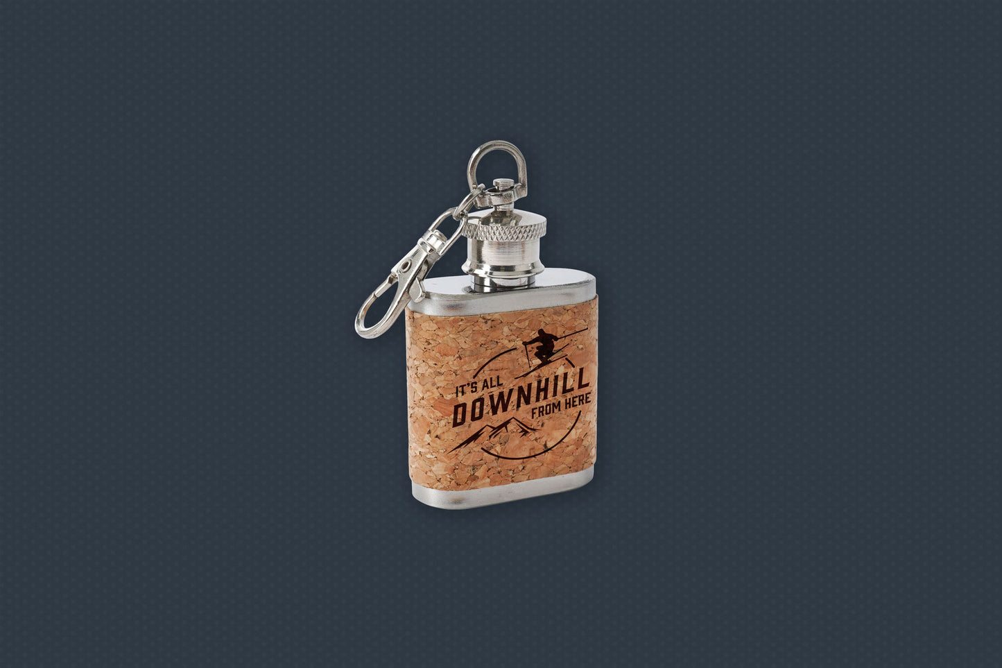 Mini Cork Hipflask 'It's All Downhill From Here' | Keyring | Skiing | Ski Slope Accessory