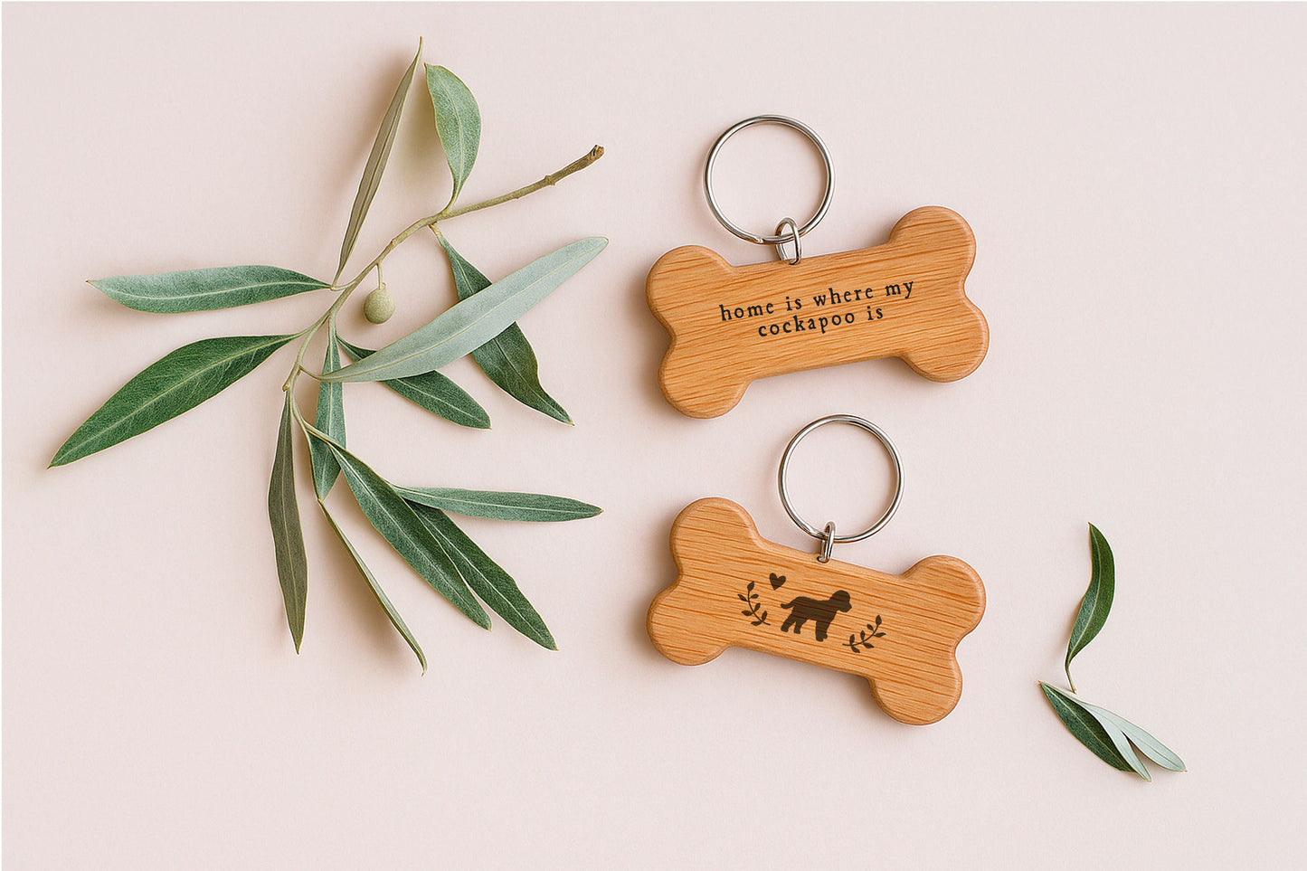 Oak Dog Bone Keyring - 'Home Is Where My Cockapoo Is' | Keys | Key Accessory | Dog Keyring | Pet Accessory