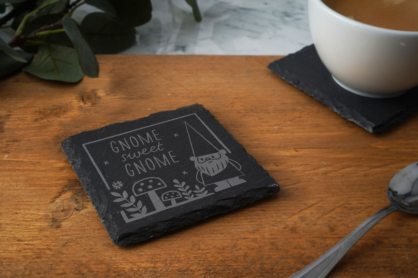 Square Slate Coaster - 'Gnome Sweet Gnome' | Garden Coaster | Shed | Home Decor