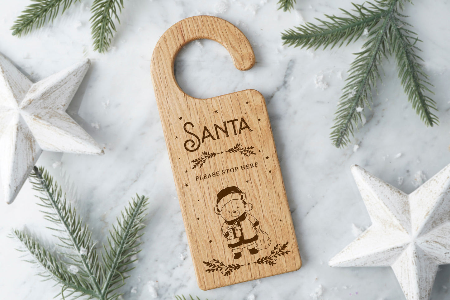 Little Bear Co. - 'Bear - Santa Please Stop Here' Oak Door Hanger | Perfect Gift | Mother's Day | Novelty