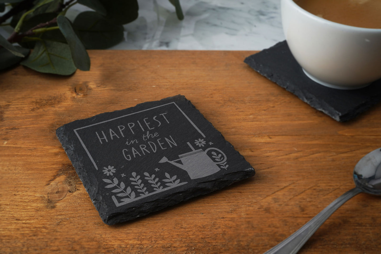 Square Slate Coaster - 'Happiest In The Garden' Square Slate Coaster | Garden Coaster | Shed | Home Decor