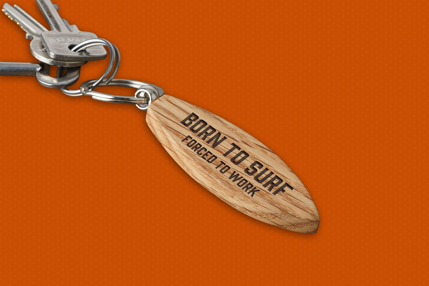 Dapper Chap 'Born To Surf Forced To Work' Oak Surfboard Keyring | Birthday | Keepsake | Novelty Keyring