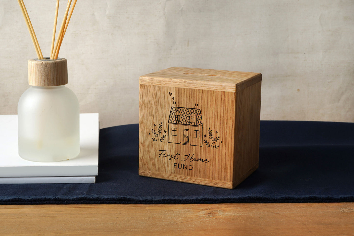 Engraved Oak Money Box – First Home Fund, Housewarming Gift