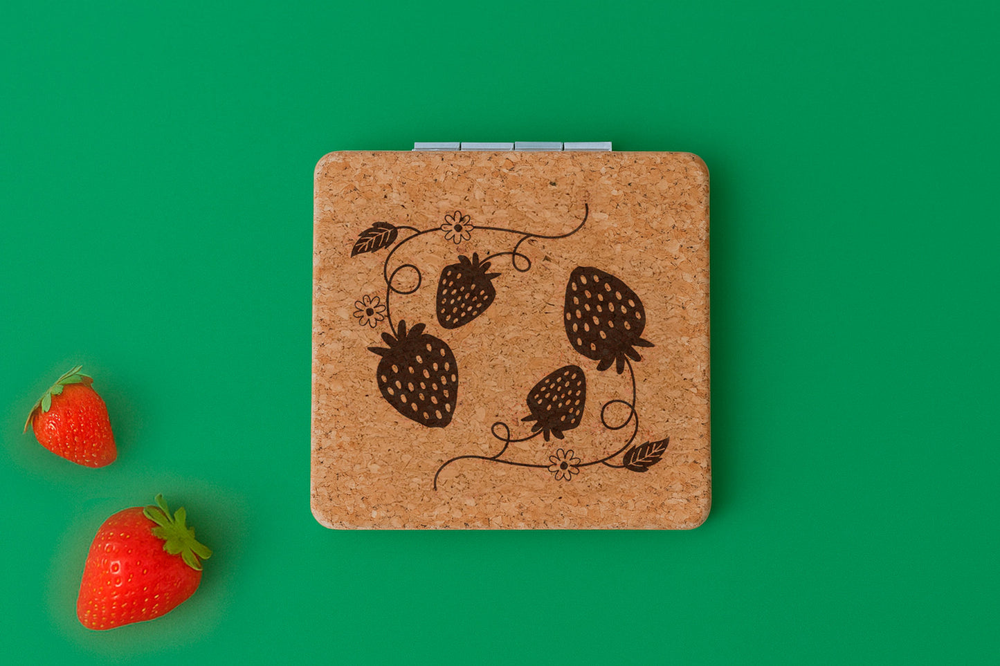 Stawberry Cork Square Compact Mirror β’ Gift Boxed β’ Travel Friendly β’ Handbag Accessory β’ Ladies Gift β’ Vacation