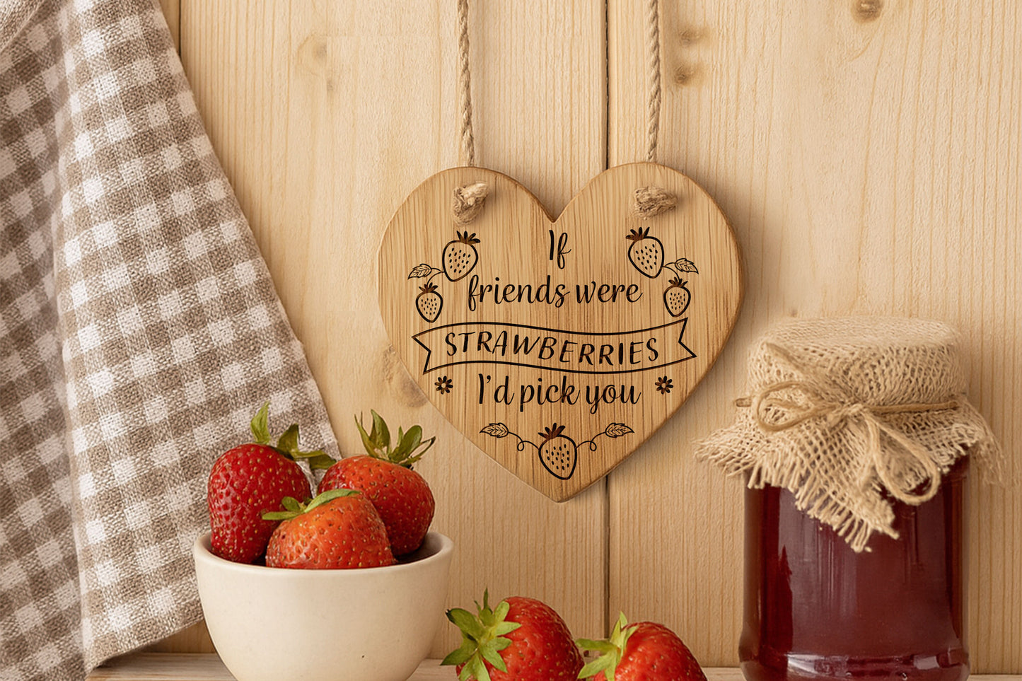 Oak Hanging Heart 'If Friends Were Strawberries...' | Wall Sign | Perfect Gift | Home Decor