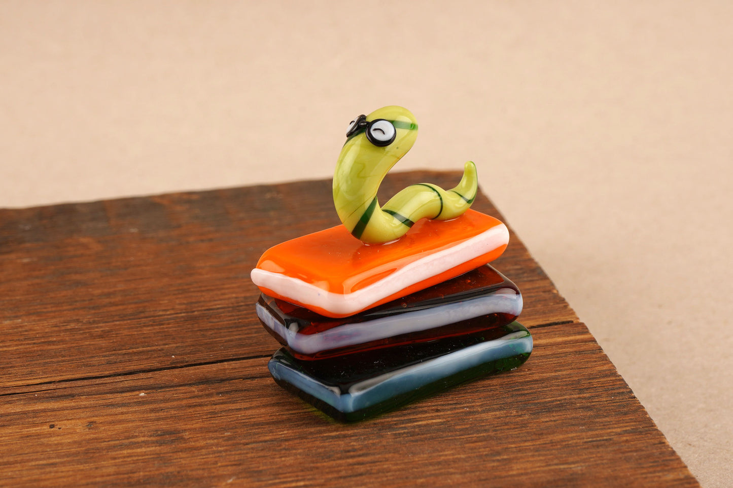Artisan Glass Books And Bookworm | In Gift Box | Home Decor | Ornament | Homeware | Collectable