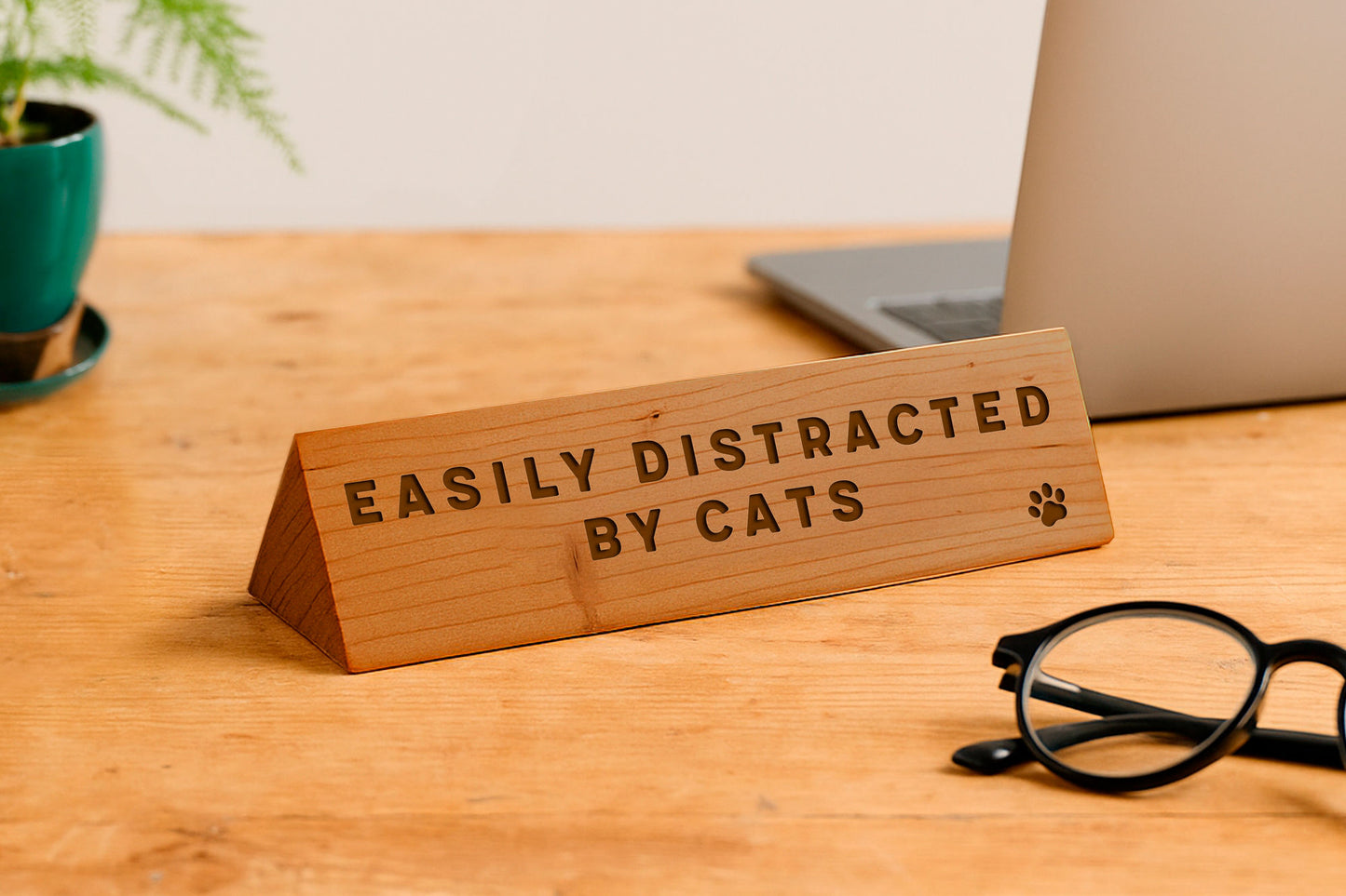 Wooden Desk Sign 'Easily Distracted By Cats' | Gift For Her | Gift For Him | Office Sign | Engraved Gift