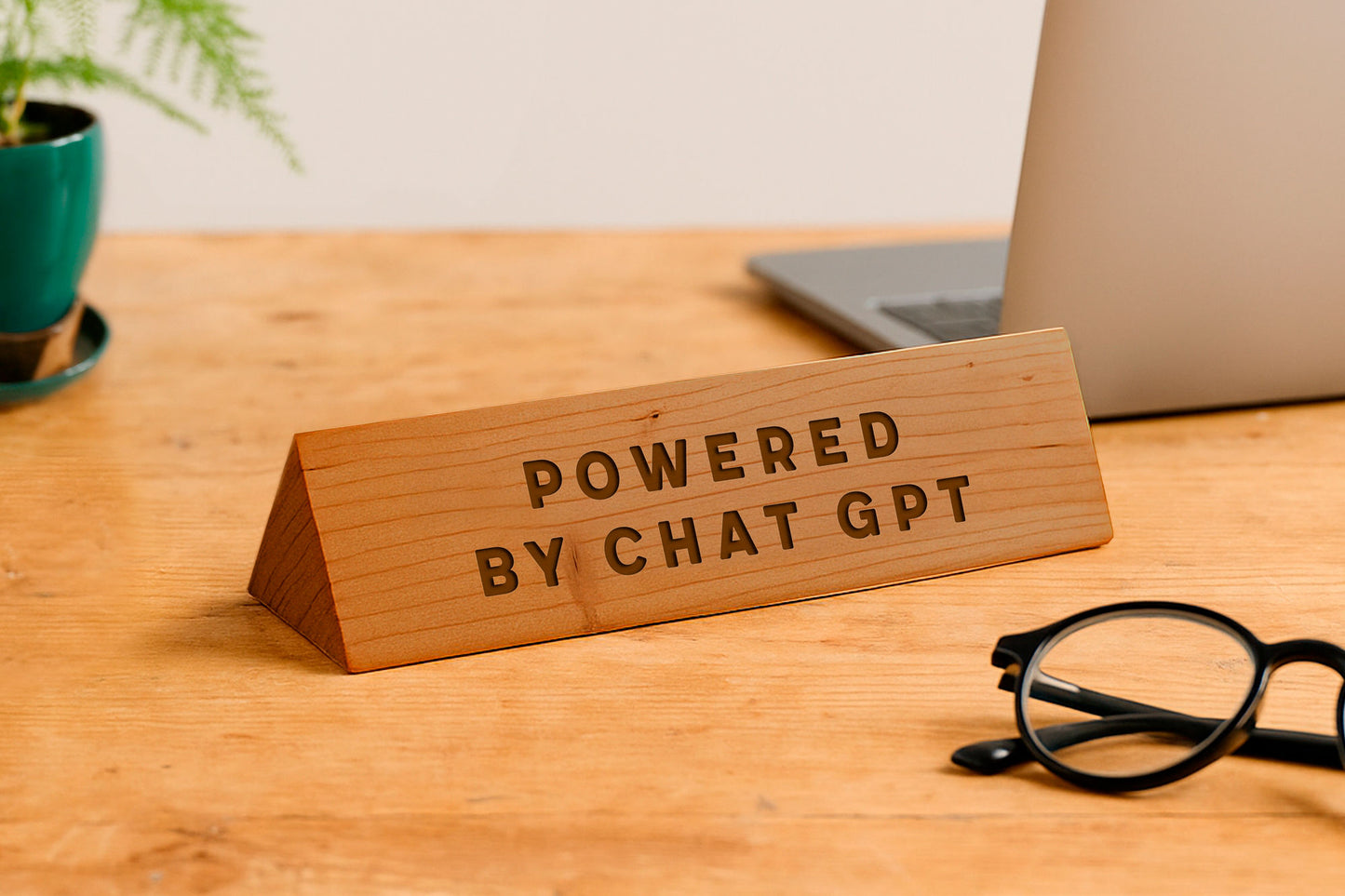 Wooden Desk Sign 'Powered By Chat GPT' | Gift For Her | Gift For Him | Office Sign | Engraved Gift