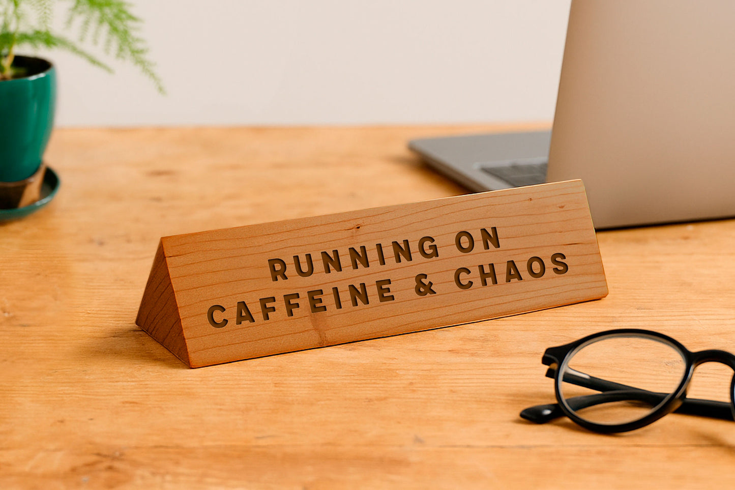 Wooden Desk Sign 'Running On Caffeine And Chaos' | Gift For Her | Gift For Him | Office Sign | Engraved Gift