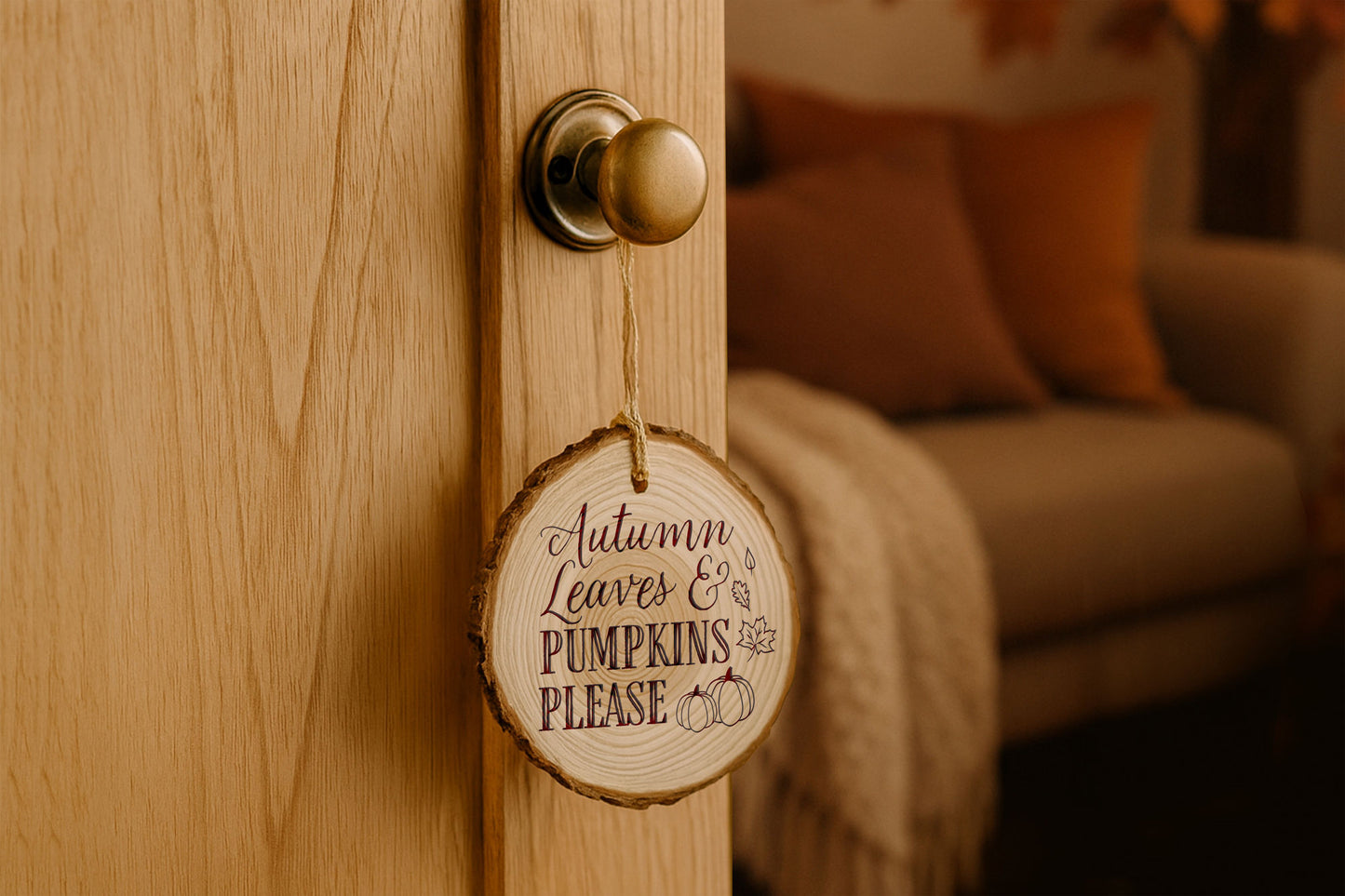 Autumn Leaves & Pumpkins Please Log Sign | Rustic Fall Door Hanger | Cosy Autumn Home Decor | Pumpkin Season Gift | Decoration