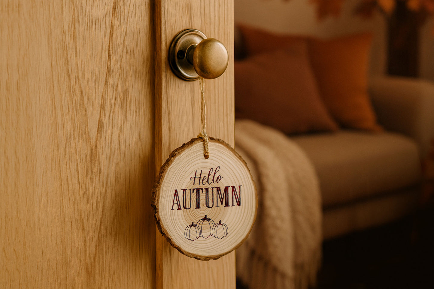Hello Autumn Wooden Log Sign | Rustic Fall Door Hanger | Cosy Autumn Home Decor | Wall Decoration | Pumpkin Season Gift | Decoration