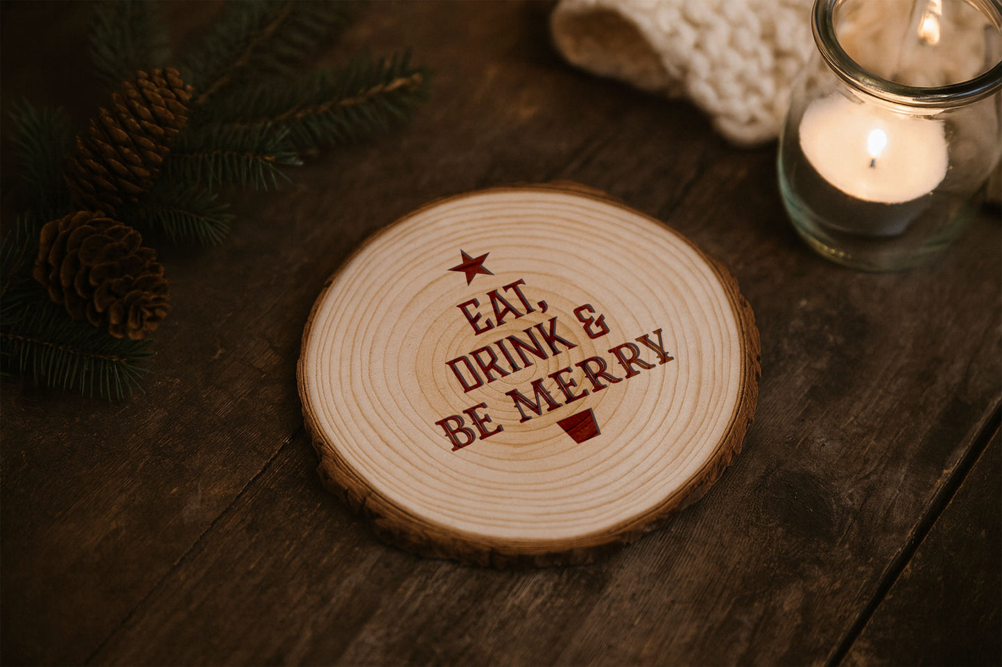 Eat Drink and Be Merry Wooden Log Coaster | Christmas Festive Table Decor | Rustic Design
