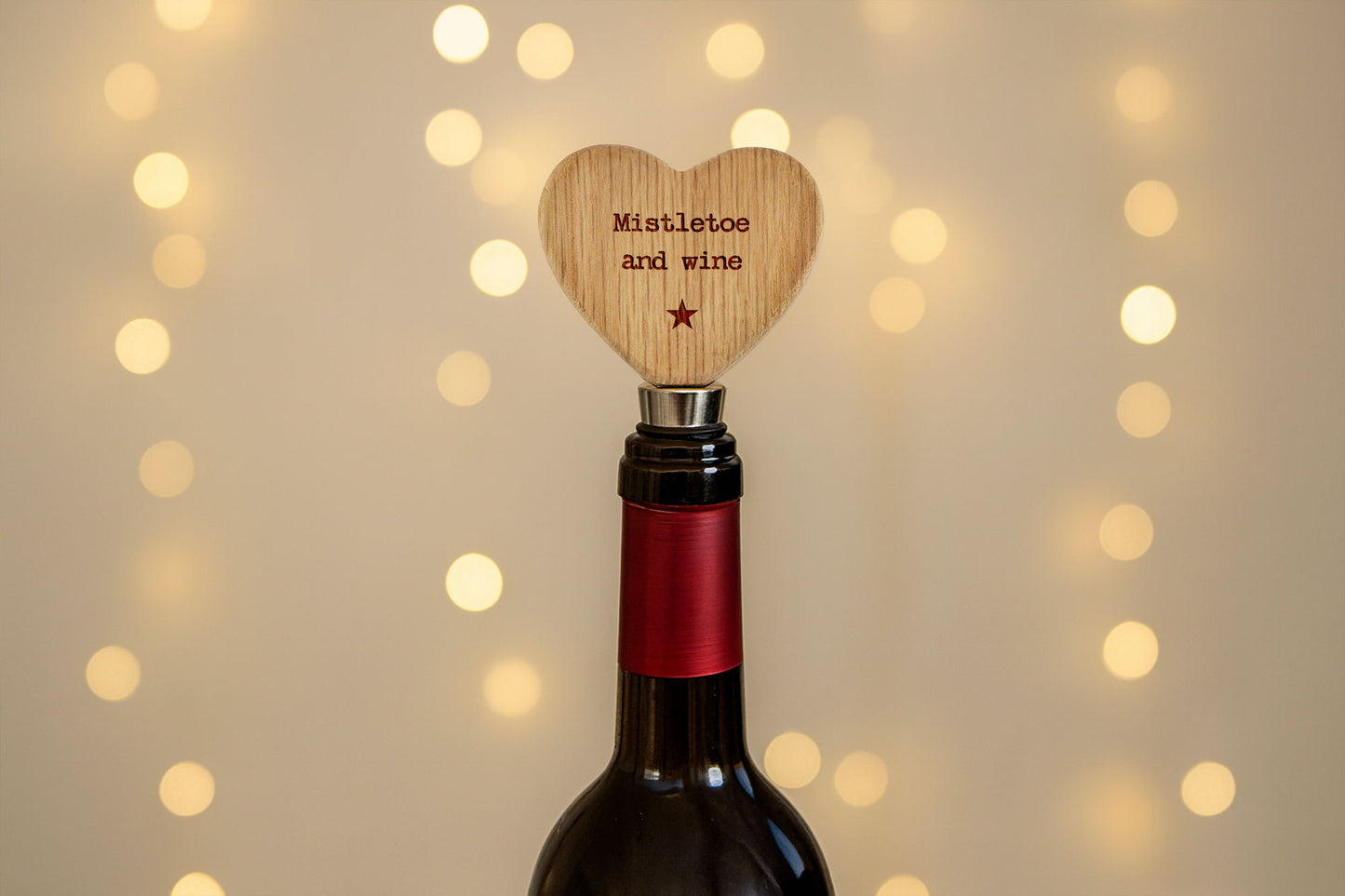 Heart Shaped Oak Wine Bottle Stopper | 'Mistletoe and Wine' | Festive Drink Bar Accessory | Christmas Gift