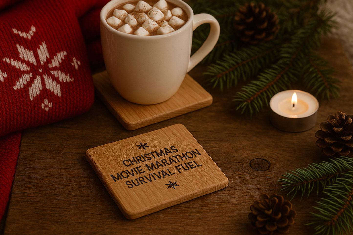 Christmas Movie Marathon Survival Fuel Oak Coaster | Christmas Table Decor | Festive Drink Coaster | Seasonal
