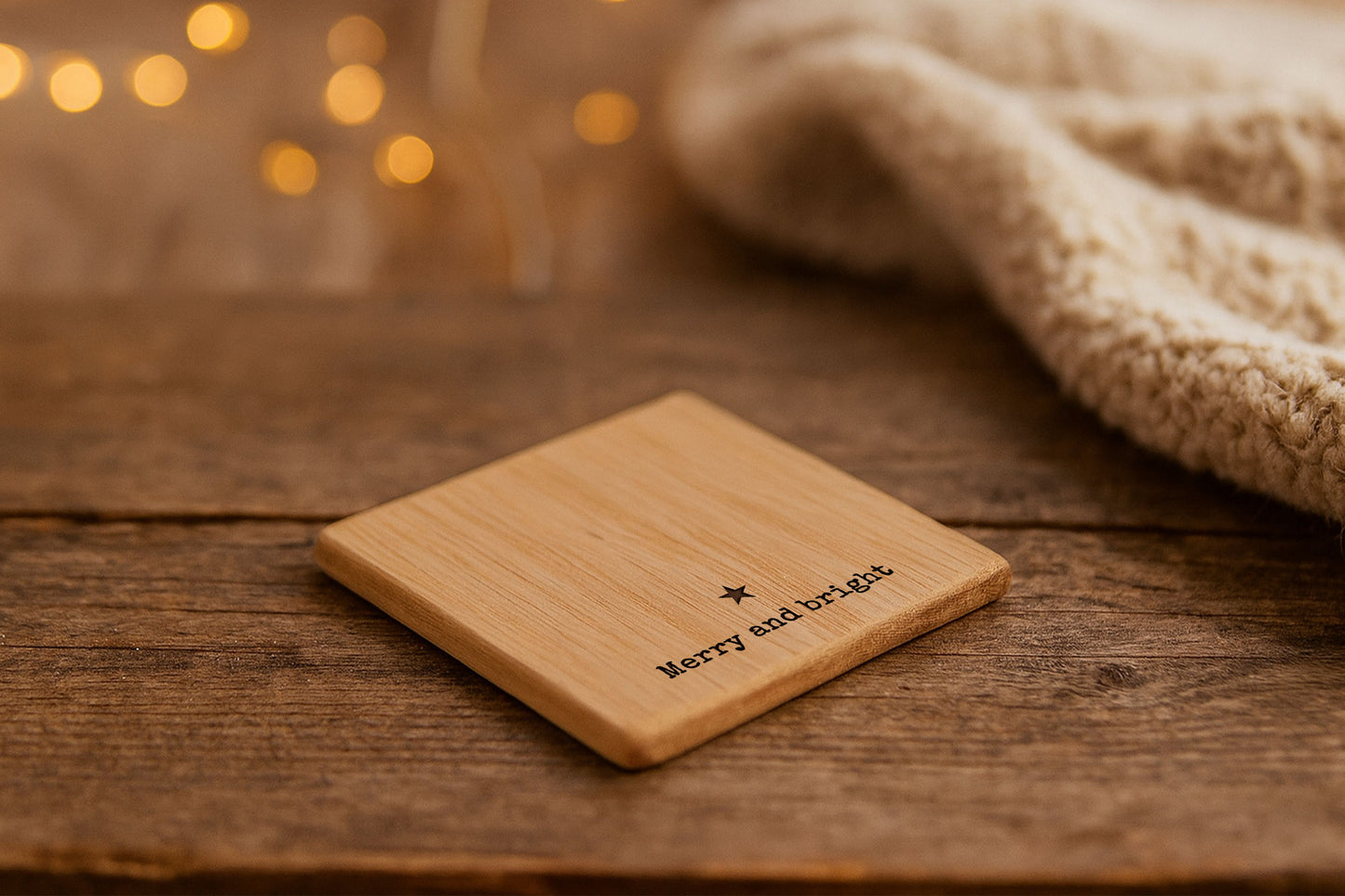 Square Oak Drinks Coaster | 'Merry and Bright' | Christmas Table Decor | Festive | Seasonal