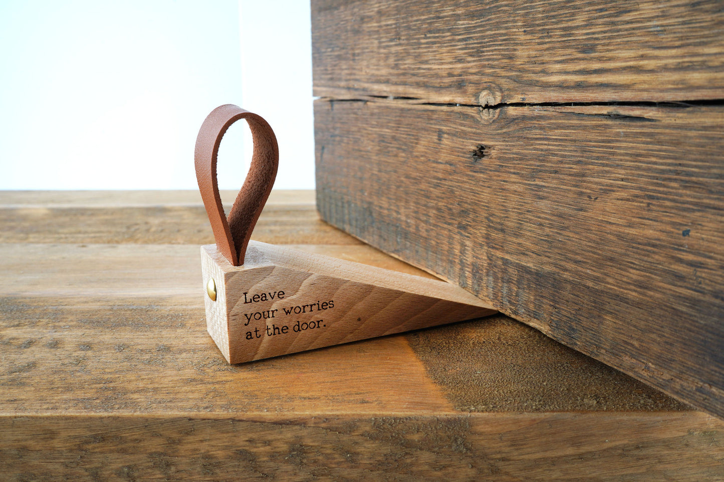 Wooden Door Stop | 'Leave your worries at the door' | Rustic Home Accessory with Loop | Home Decor | New Home Gift