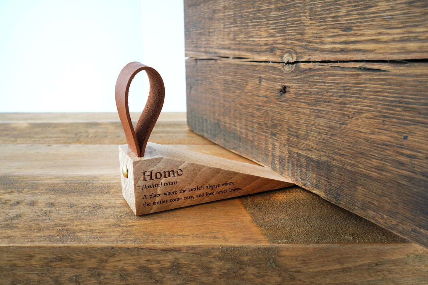 Home Definition Wooden Door Stop | Rustic Home Decor with Loop | Cosy Entryway Accent | Housewarming Gift | Home Décor